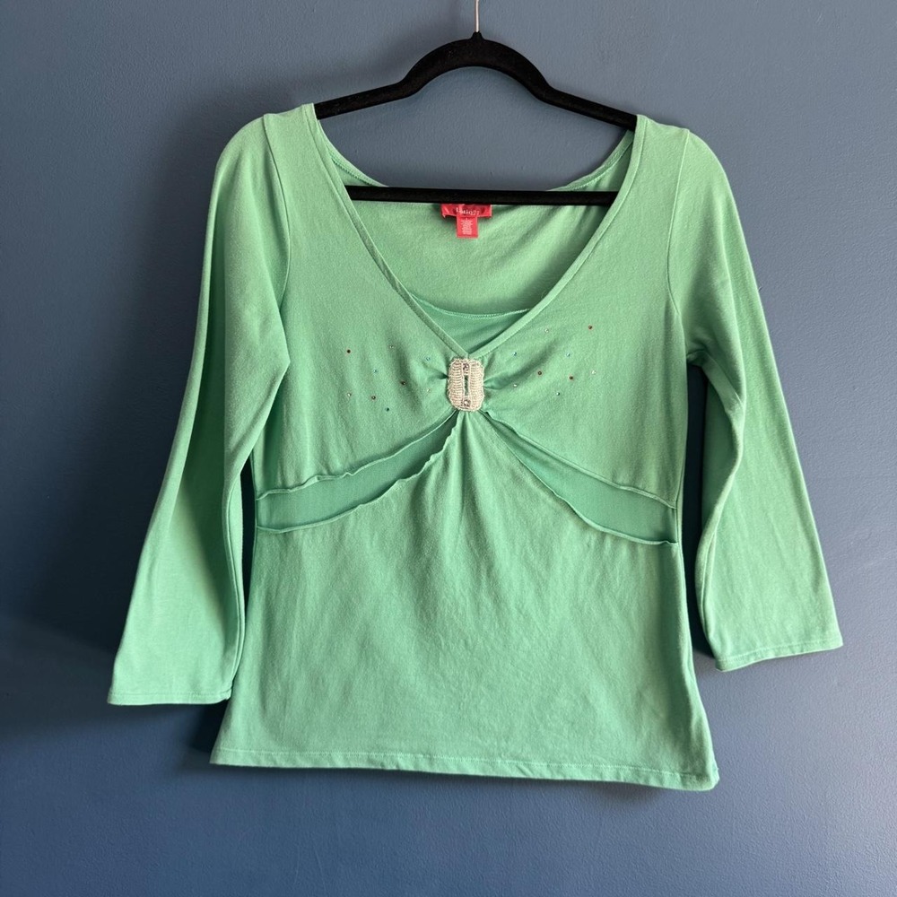 Y2K Latina Green Blouse Women's Size Small Beaded Mesh 2000s Club Going Out
